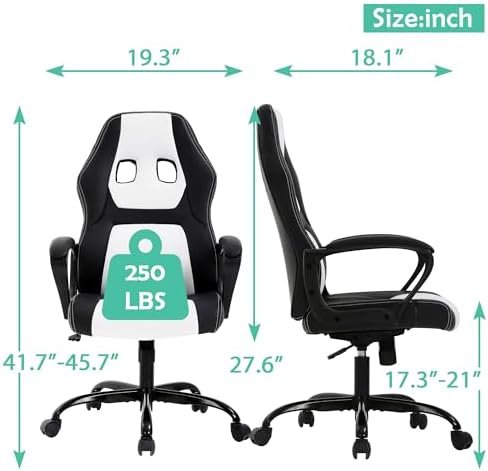 White Massage Gaming Chair for Kids, Ergonomic Office Chair Computer Chair with Adjustable High Back & Armrest, PU Leather Gamer Chair with 360°Swivel, Heavy Duty Gaming Chairs for Adults, Teens