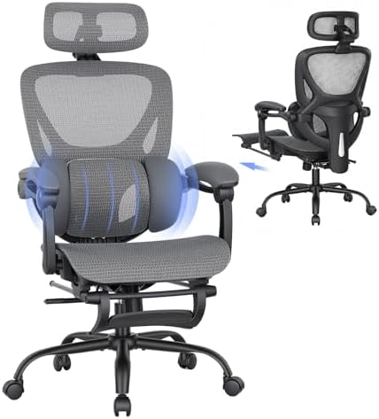MALOL Ergonomic Mesh Office Chair with Footrest, Executive High Back Computer Desk Chair with 3D Adjustable Headrest & 5-Level Lumbar Support, Reclining Tilt Lock, 3D Arms, 300LBS Capacity, Grey