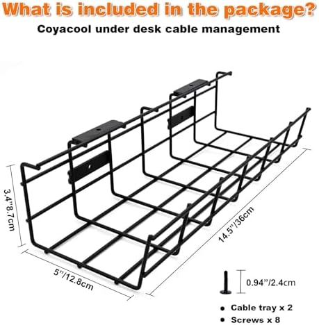 Under Desk Cable Management- 6 Pack Cord Organizer. Metal Wire Cable Management Tray for Office, Studio and Home. Super Sturdy Under Table Cable Managements - Black Cable Organizer