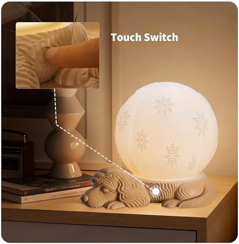 Cute Dog Table Lamp, Rechargeable Battery Powered Bedside Lamp, 3 Color Temperature Dimmable Cordless Lamp, USB C Charging Touch Lamp for Bedroom, Nightstand, Nursery