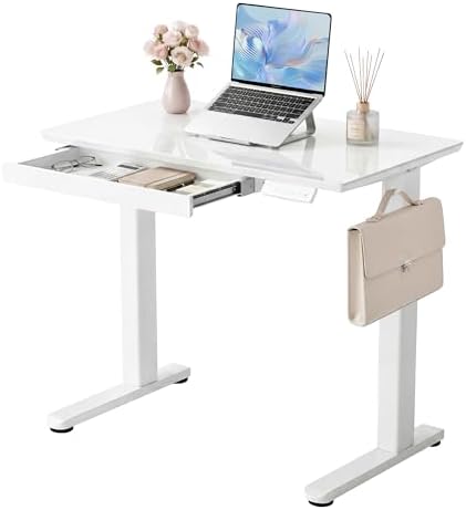 YDN Glass Standing Desk with Drawers 32x19 Inch Super White