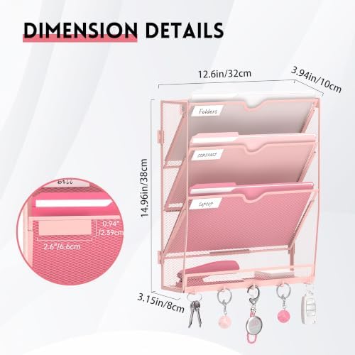 4-Tier Wall File Organizer and Mail Organizer with 5 Hooks, Pink
