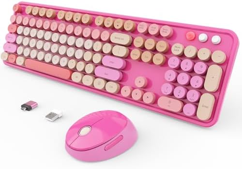 SkyGive Wireless Keyboard and Mouse Combo, Ergonomic Full Size Typewriter Retro Round Keycaps Keyboard, Compatible with Windows, PC, Perfer for Home and Office Keyboards （Red）