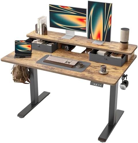 TIQLAB Standing Desk with Two Drawers, Stand Up Standing Desk Adjustable Height, Electric Sit Stand Table with Storage Shelf and Splice Board, 48 * 24 inch, Rustic Brown