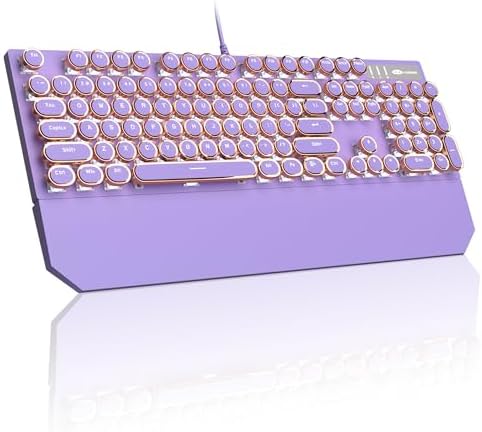 MageGee Typewriter Mechanical Gaming Keyboard, Retro Punk Purple Round Keycaps, 104 Keys LED White Backlit Wired Keyboards for Laptop MAC PC Gamer, with Magnetic Wrist Rest, Blue Switch