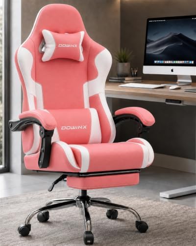 Dowinx Ergonomic Gaming Chair with Footrest & Massage Lumbar, 2D-Linkage Armrests for Computer Chair 330lbs with Headrest Pillow for Office, Home, Streaming and Long Gaming Sessions, Fabric Pink White