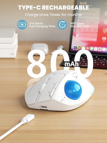 Wireless Trackball Mouse, Adjustable Angle Rechargeable Backlit-White Mouse