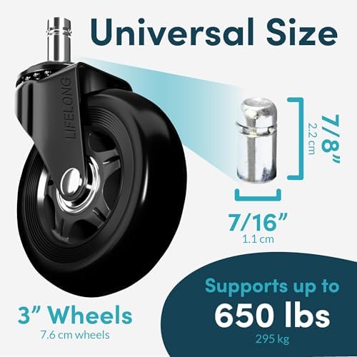 Lifelong Office Chair Wheels Replacement, Heavy Duty, Black, 5-Pack