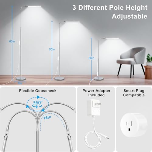 Bright Floor Lamp, 18W/2000LM Silver LED Floor Lamp with Double Head