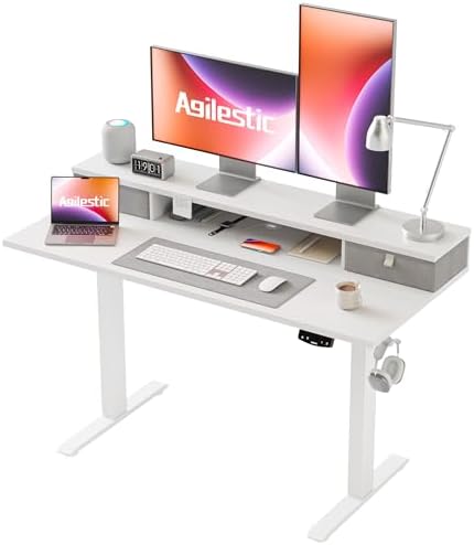 Agilestic 48 x 24 Inches Electric Standing Desk with 2 Storage Drawers, Adjustable Height Sit and Stand Computer Table with Splice Board, White