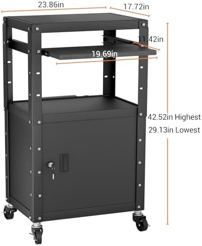 Mobile AV Cart with Cabinet, Rolling Computer Cart Height Adjustable Rolling Media Utility Cart with Extra Storage Space, 4 Outlets, Pullout Keyboard Tray Perfect for Home or Office Use
