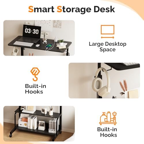 FCH 31.5" Mobile Small Standing Desk, Adjustable Height Mobile Computer Desk, w/2 AC Outlets + 3 USB Ports & Hooks, Storage Shelves, Suitable for Gaming, Studying, Home Office, Black