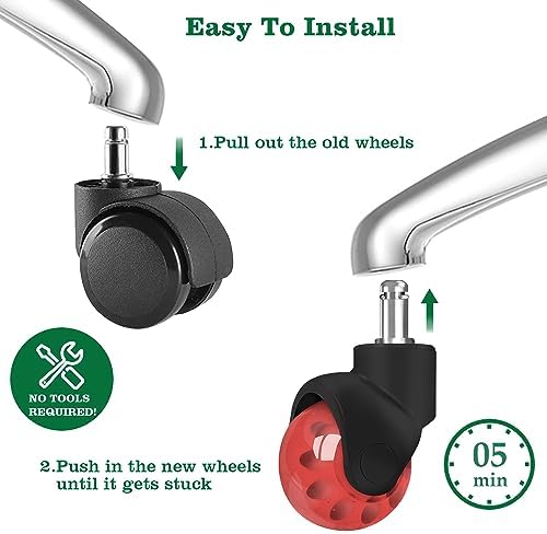 Office Chair Wheels Replacement 2 Inch Rubber Ball Caster Wheels for Wood Floor Carpet Mats, Set of 5, Heavy Duty Desk & Gaming Chair Casters 7/16" (11mm) Grip Ring Stem, Quiet Smooth Rolling (Red)