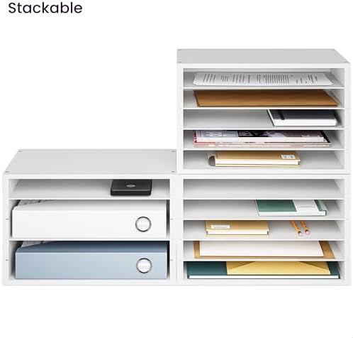 Ballucci 5 Tier Paper Organizer Letter Tray, Wood Desk File Organizer with Adjustable Shelves, Home Office School Letter/A4 Mail Sorter Magazine Holder - White