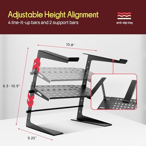 Pyle Adjustable DJ Laptop Stand with Two-Tier Storage Shelf – Portable Table for Laptop, CD Player, DJ Controller, EFX/Lighting Gear, 4 Heights, Durable, 8 lb Capacity