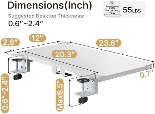 PEGZONE Desk Extender Tray, 24" x 12", with Laptop Holder, Medium, White