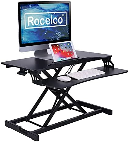 Rocelco Standing Desk Converter 31.5 Inch Sit Stand Up Dual Monitor Tabletop Riser with Tablet Mount, Height Adjustable Home Office Workstation - Deep Keyboard Tray for Laptop Mouse - Black (R VADRB)