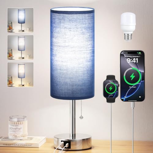 Blue Bedside Table Lamp for Bedroom - Small Nightstand Lamp for Girls