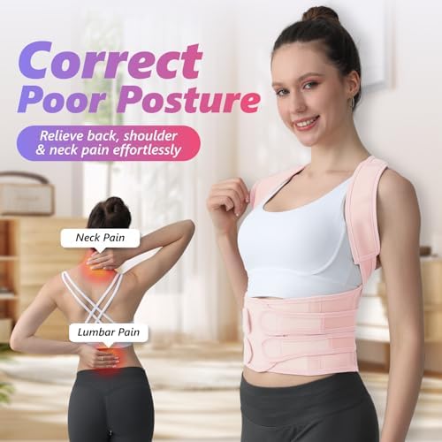Posture Corrector for Women and Men, Adjustable Shoulder Straightener with Full Back Support, Relief for Lower & Upper Back Pain, Spine, Scoliosis Relief (Pink, Medium)