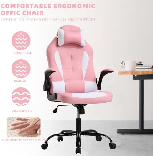 Big Tall Gaming Chair,Ergonomic Comfortable Computer Office Desk Chair with Headrest Lumbar Support,Height Adjustable Tiltable,Wide Swivel Wheel for Kid Adults Home Office Gaming,Pink