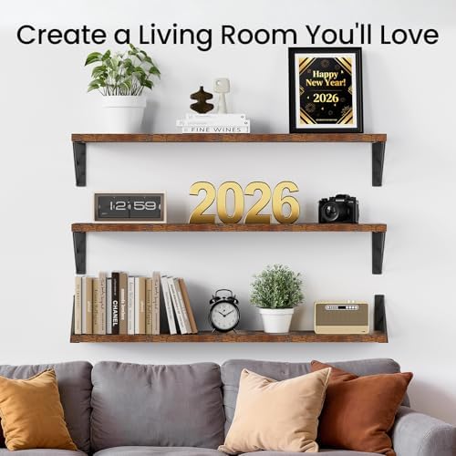 BAYKA 36" Long Wall Mounted Floating Shelves (Rustic Brown, Set of 3, 36")