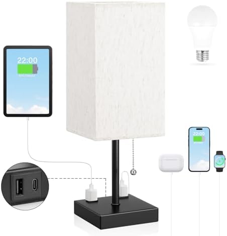 Bedside Lamp for Bedroom - 3 Color Temperatures, USB A+C, 2 AC Outlets