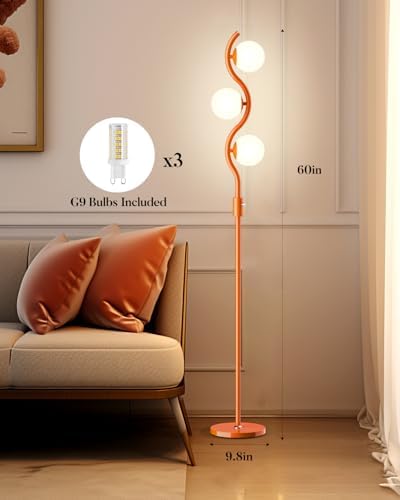 60IN Dimmable Orange Globe Floor Lamp, Mid Century Modern Floor Lamps with 3 Soft Warm White 3000K Bulbs, Standing Lamps with 5Lbs Heavy Base for Living Room Bedroom Home Decor