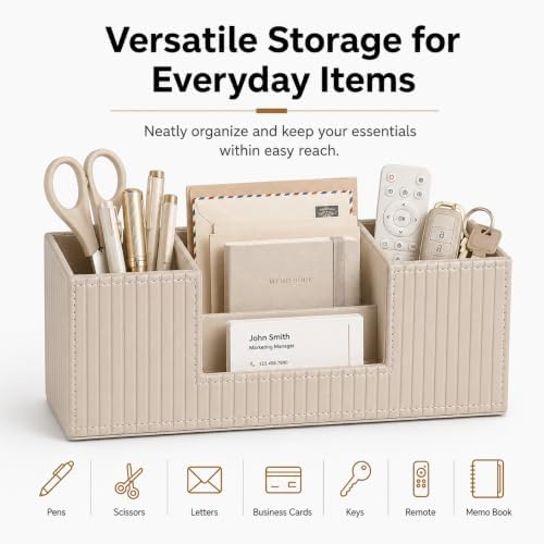 GORESE Pen Holder for Desk, Leather Small Desk Organizer for Office, Beige