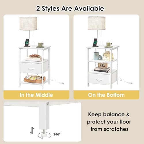 Fixwal Bedside Table with 3 Color Temperatures Bulb Attached, Nightstand with Charging Station and Lights, End Table with Fabric Drawer for Bedroom & Dorm (White)