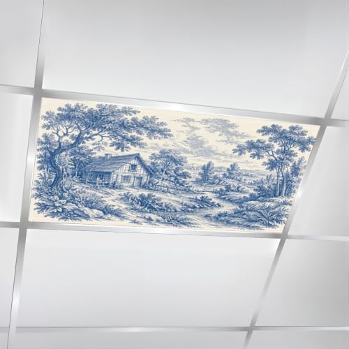 6 Pcs Fluorescent Light Covers for Ceiling Lights Woodland vintage Blue white Magnetic Light Filters Decorative for Classroom Office Hospital Home 4x2 Ft