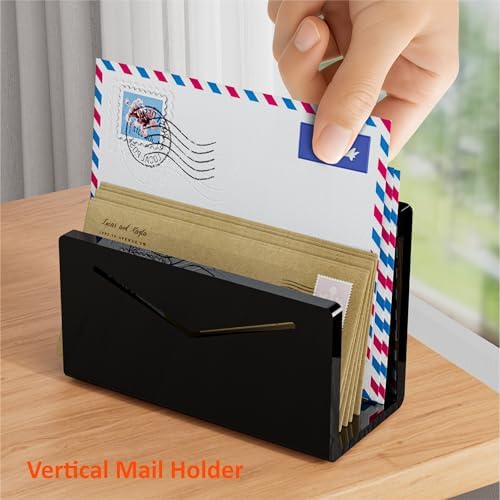 FUCDTEFC Acrylic Mail Holder, Black Acrylic File Letter Organizer, Vertical Envelope Mail Holder for Desk, Lightweight Countertop Bill Holding Sorter Letter Invoice Stand for Home Office School
