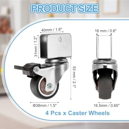 PATIKIL 1.5 Inch Caster Wheels, 4 Pcs Swivel Casters with Break 0.6" U Bracket Opening 55 Lb Capacity Per Caster for Furniture Office Chairs Carts and Cabinets, Brown