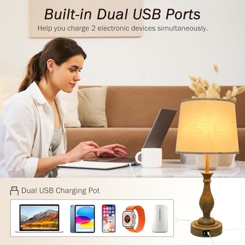 LALISU Farmhouse Table Lamp Touch Control 3-Way Dimmable Table Lamp, Modern Nightstand Lamp with 2 USB Port Bedside Desk Lamp with Fabric Shade for Living Room (Pack 1-Beige Shade & Touch)