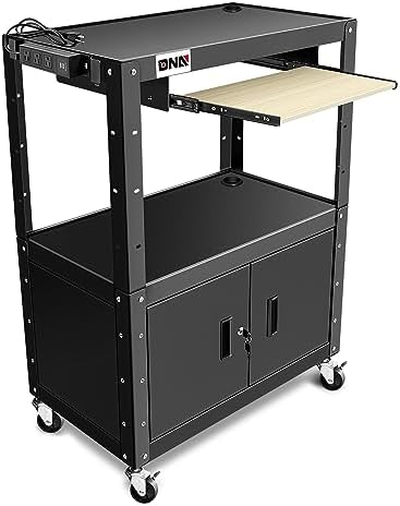 DNA Motoring Steel AV Cart with Extra Storage Cabinet, 30.8" x 18" x 22"-42" Height Adjustable Rolling Projector Utility Cart, TOOLS-00293