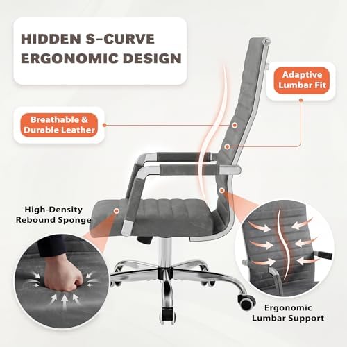 Furmax Ribbed Office Chair High Back PU Leather Executive Conference Chair Adjustable Swivel Chair with Arms (Bicolor Vintage Grey)