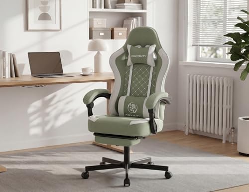 Office Desk Computer Gaming Chair for Adults, Ergonomic High Back Gamer Chair with Massage and Pocket Spring Cushion, Swivel Comfy Video Game Chairs with Footrest and Lumbar Support (Green White)