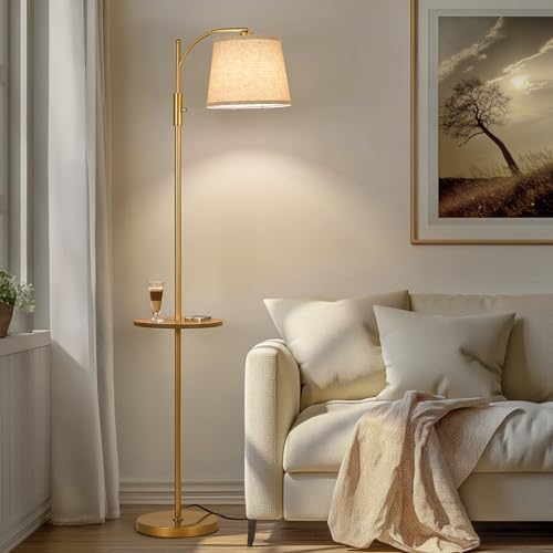 AIDENOEY Golden Floor Lamp with Table, Dimmable Standing Lamp, Living Room