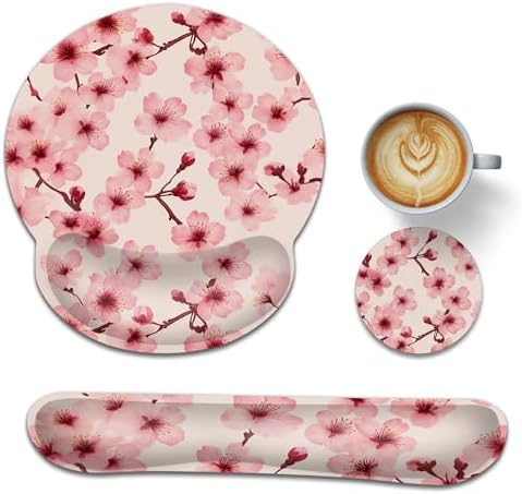 Cherry Blossoms Ergonomic Keyboard and Mouse Wrist Rest Set, Japanese Style Mouse Pad with Non Slip Base, Soft Cloth Surface for Office and Home Typing Support