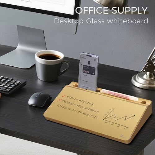 TOWON Compact Glass Desktop Whiteboard with Storage 12x7 in, Metallic Gold