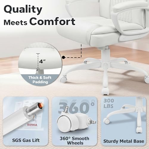 Executive Office Chair, High Back Ergonomic Desk Chair with Lumbar Support, Adjustable Big and Tall Computer Chair, 360° Swivel, PU Leather, White