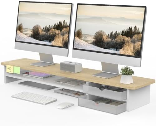 Fenge Monitor Stand, Desk Computer Riser with Frosted Storage Drawer, Oak