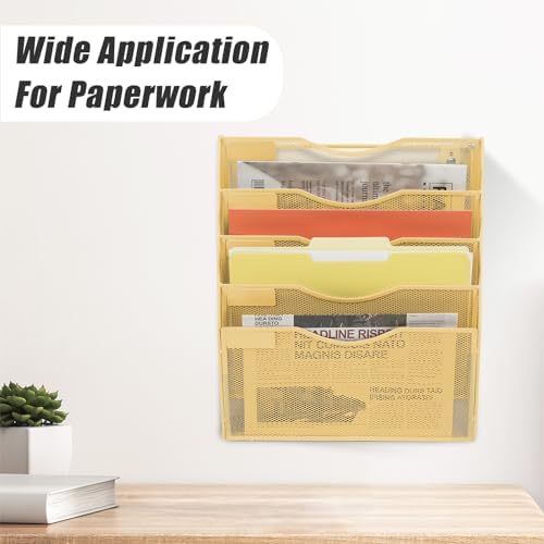 EASEPRES 5 Pocket Mesh Hanging Wall File Organizer, Wall Mounted Mail Paper Document Folder Holder, Clipboard Storage Organization Magazine Rack with Nametag Label for Office Home School, Gold