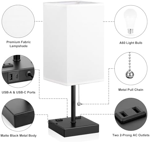Bedside Lamp for Bedroom - 3 Color Temperatures, USB A+C, 2 AC Outlets