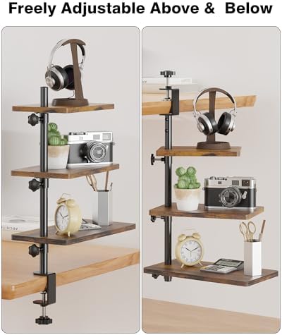 3 Tiers Clamp On Desk Shelf, 360° Angle Adjustable Desktop Shelf Organizer for Home Office Gaming Room, No Drill Desk Extender Adapt to 0.4-2.16 inches Table Thick, Black Brown