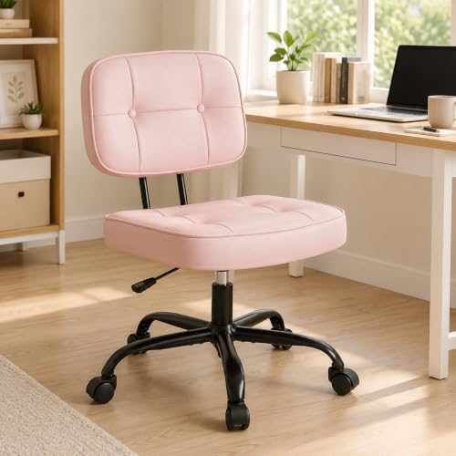 Armless Drafting Chair, Ergonomic PU Leather Home Office Computer Task Chair with Lumbar Support, Height Adjustable Swivel Rolling Chair for Small Spaces, Vanity, Bedroom, Study, Living Room, Pink