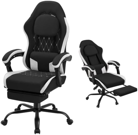 Gaming Chair for Adults, Fabric Gaming Chair with Footrest and Pocket Spring Cushion, Ergonomic Gamer Chair with Lumbar Support, Reclining Computer Gaming Chair with High Back (Black)