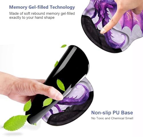 Ergonomic Mouse Pad Wrist Support and Cute Coffee Coaster, Non Slip PU Base Mouse Pad Wrist Rest for Computer, Office Gaming, Working, Easy Typing & Pain Relief, Purple Dragon