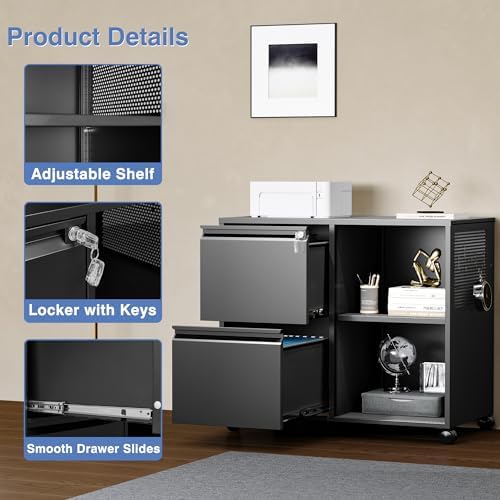 Mobile File Cabinet with Side Hook, 2 Drawer Lateral File Cabinet with Lock fits A4/Letters/Legal Size for Home Office,Metal Rolling Printer Stand with Open Storage Adjustable Shelves(Black)