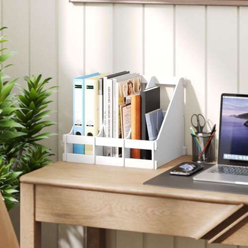 Bamboo Desk File Organizer, 3 Compartment Magazine Holder for Home Office(White)