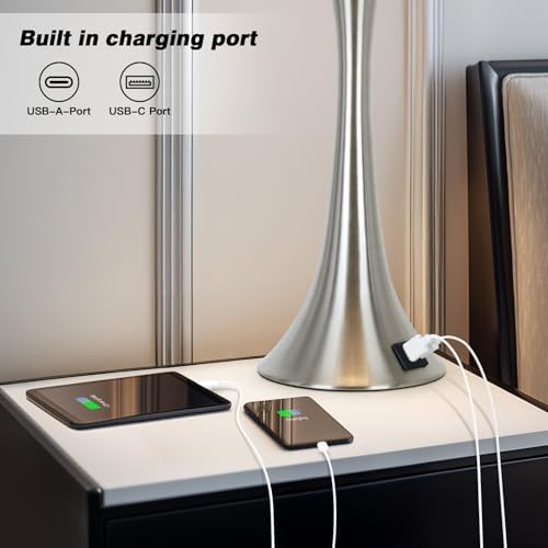 Rinweey 27.5" Silver Table Lamps, Touch Bedside Lamps with USB C+A Ports, 3 Way Dimmable Nightstand Lamps for Bedroom, Living Room, Office, Silver Lamp with Beige Lampshade, Bulbs Included (1 Pack)